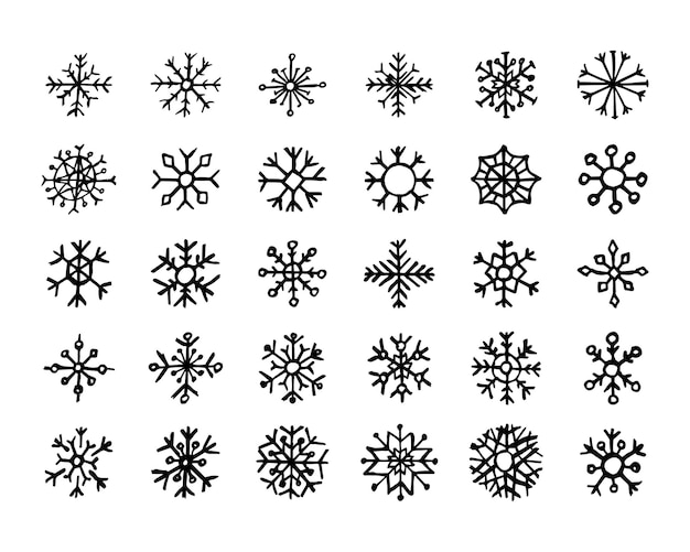 Copos de nieve dibujados a mano sobre fondo blanco. conjunto de treinta copos de nieve oscuros. elementos de decoración de navidad y año nuevo. ilustración vectorial.