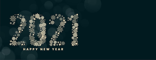 Copos de nieve feliz año nuevo 2021 en banner bokeh borrosa