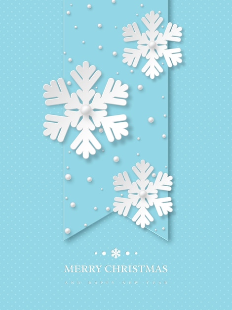 Copos de nieve de Navidad con perlas. Fondo de vacaciones punteado azul con texto de saludo. Ilustración vectorial.