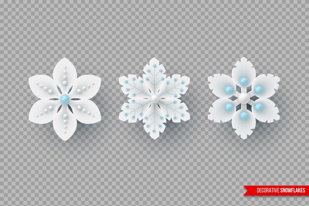Copos de nieve de vacaciones de Navidad con sombra y perlas. Elementos decorativos 3d para el diseño de año nuevo. Aislado sobre fondo transparente. Ilustración vectorial.