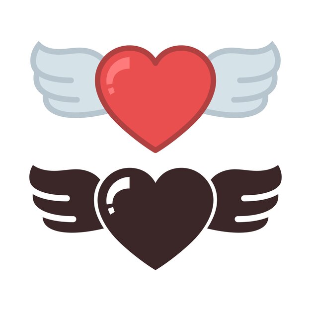 Corazón con alas estilo dibujos animados y glifos