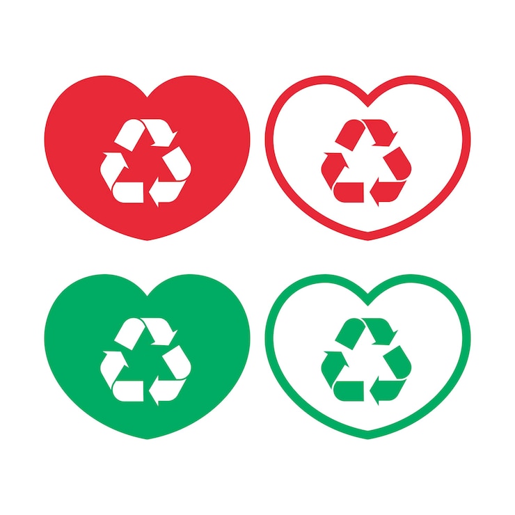 Vector gratuito corazón con un conjunto de señales de reciclaje