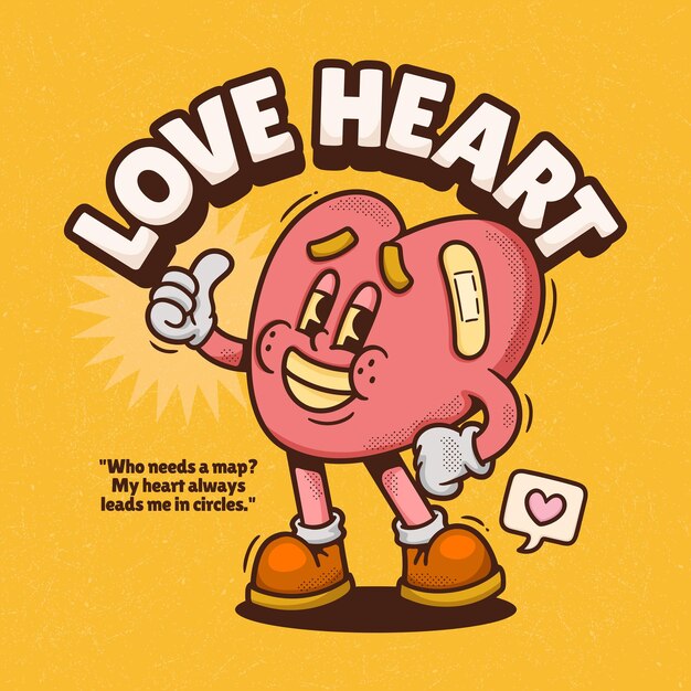 El corazón es una caricatura retro de moda, dibujada a mano.