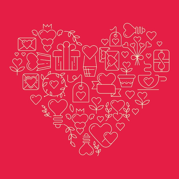 Corazón gigantesco con muchos elementos que simbolizan la ilustración de vector de día de San Valentín