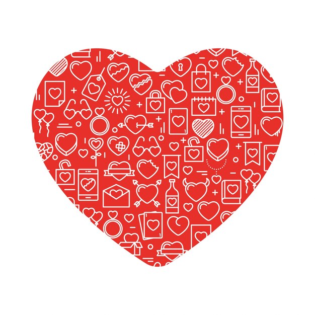 Corazón con iconos. Ilustración del vector para el día de San Valentín, boda, celebración.