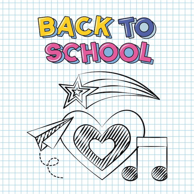 Corazón, nota musical y avión de papel, Doodle de regreso a la escuela dibujado en una hoja de cuadrícula