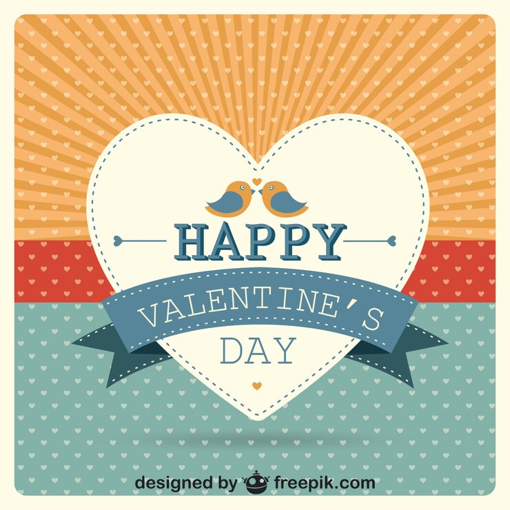Vector gratuito corazón con pareja de pájaros en tarjeta retro de feliz san valentín