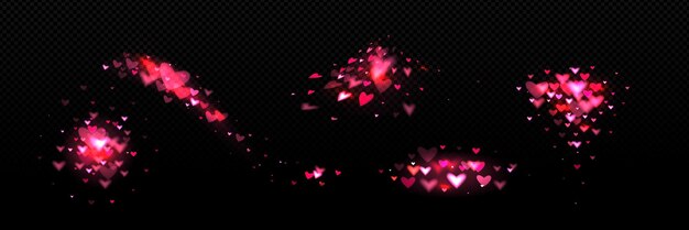 Corazón rosa luz bokeh brillo vectorial brillo mágico conjunto aislado en fondo negro amor premium transparente valentín brillo textura con borrón lujo romántico brillo glamour spray colección