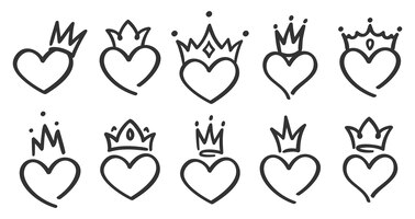 Vector gratuito corazones coronados dibujados a mano. doodle princesa, rey y reina corona en el corazón, esboza coronas de amor