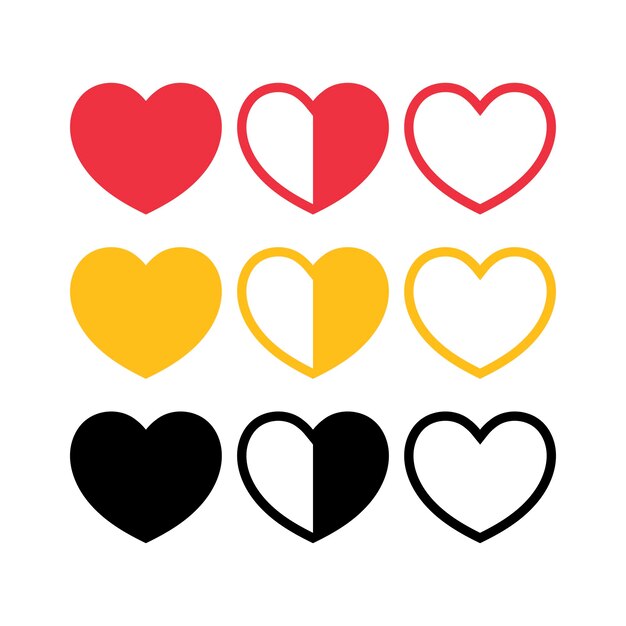 Los corazones están en rojo, amarillo y negro.