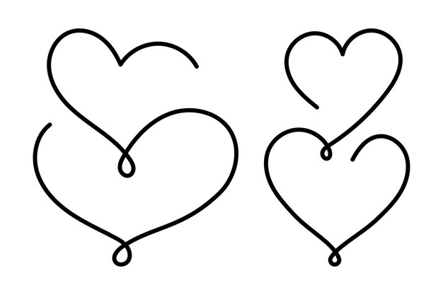 Corazones monolíneos dibujados a mano, conjunto de dos