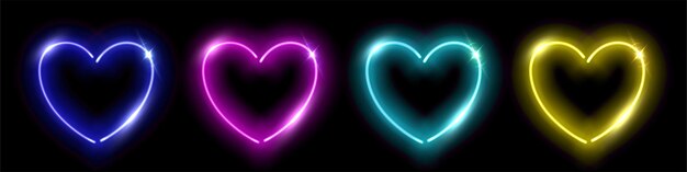 Los corazones de neón aman el símbolo de la ilustración vectorial del día de san valentín establece objetos brillantes de marcos de cables led con líneas verdes amarillas púrpuras azules brillantes para discotecas aisladas en fondo negro