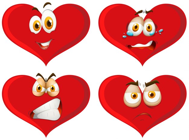 Corazones rojos con expresiones faciales
