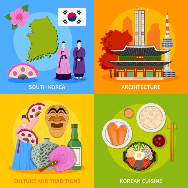 Corea cultura 4 iconos planos cuadrados