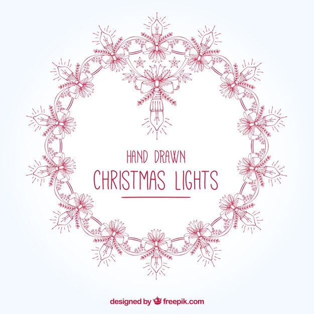 Corona dibujada a mano con luces de navidad y lazos