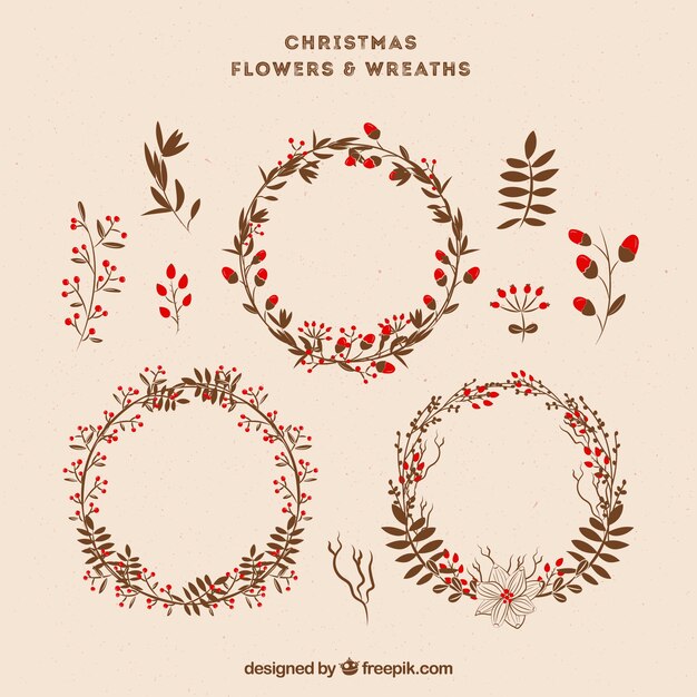 Corona floral retro de navidad dibujados a mano