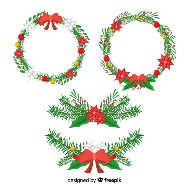 Corona de Navidad dibujada a mano con flores de invierno