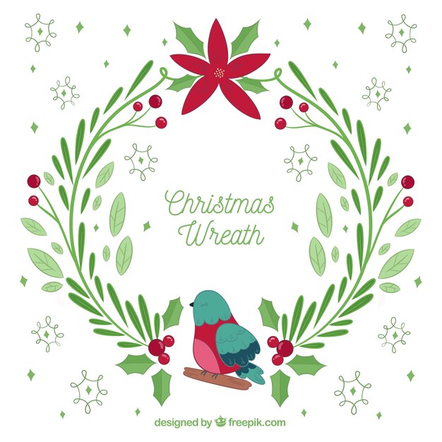 Corona de navidad dibujada a mano con un pájaro