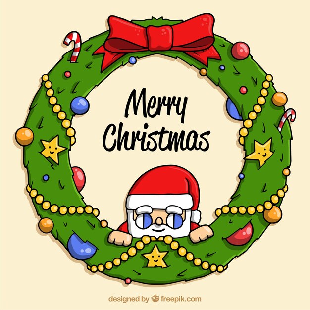 Corona de navidad dibujada a mano con papá noel