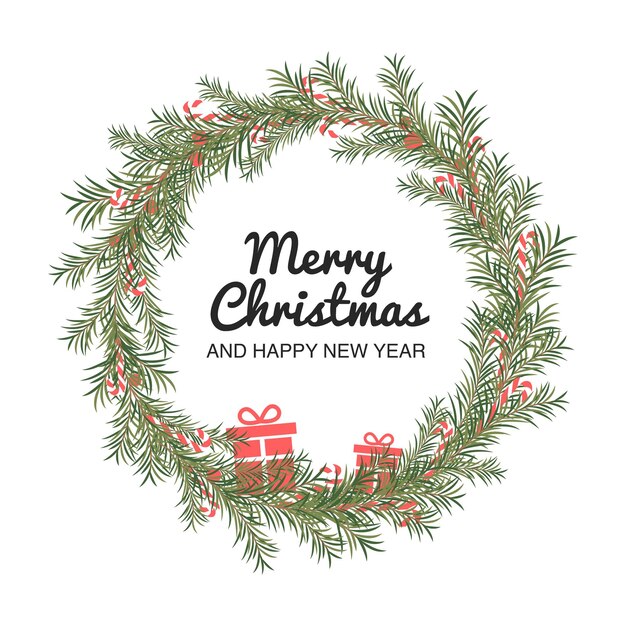 Corona de Navidad con feliz Navidad y feliz año nuevo texto