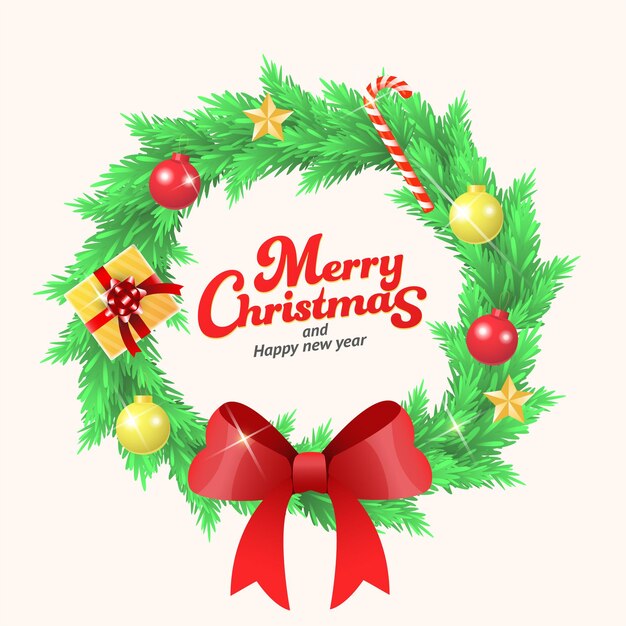 Corona de Navidad con ramas verdes Bola roja y dorada Bastón de caramelo Hoja de estrella y arco Elemento de recorte de Feliz Navidad
