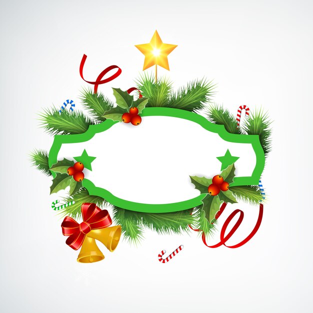 Corona de Navidad realista con marco en blanco ramas de abeto cintas caramelos cascabeles y estrella