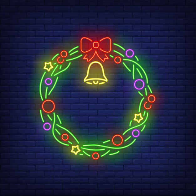 Corona de Navidad verde con campana en estilo neón