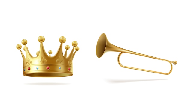 Corona de oro con gemas y cobre fanfarria aislados sobre fondo blanco. Tocado de coronación para monarca y trompeta para el anuncio de la ceremonia, símbolo real. Ilustración realista del vector 3d.