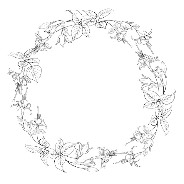 Corona redonda de flores tropicales en blanco y negro Marco de fucsia