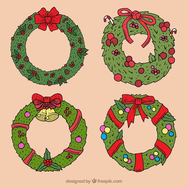 Coronas florales de navidad dibujadas a mano 