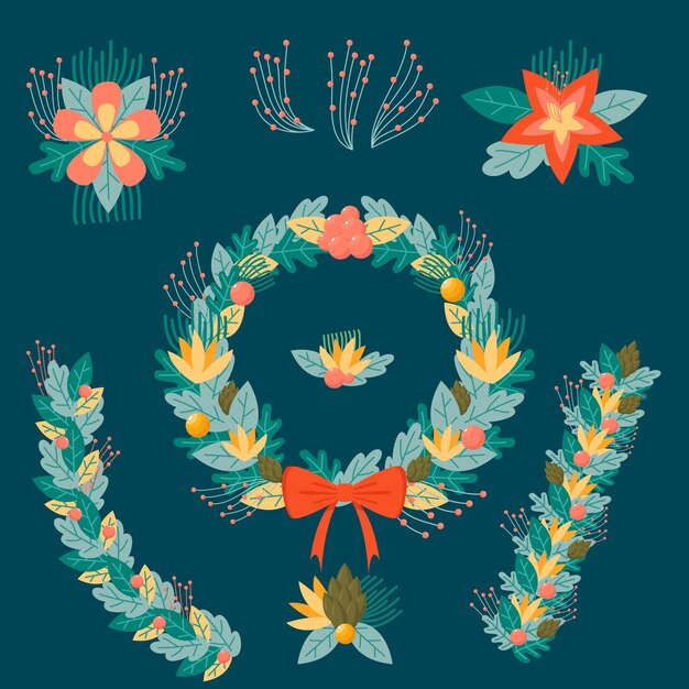Coronas y flores navideñas festivas