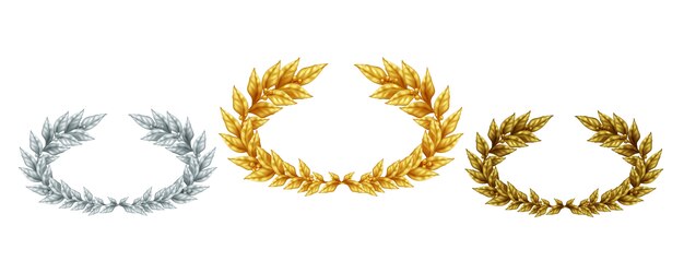 Coronas de laurel doradas de plata y bronce en estilo realista como símbolo de ilustración de logro deportivo aislado