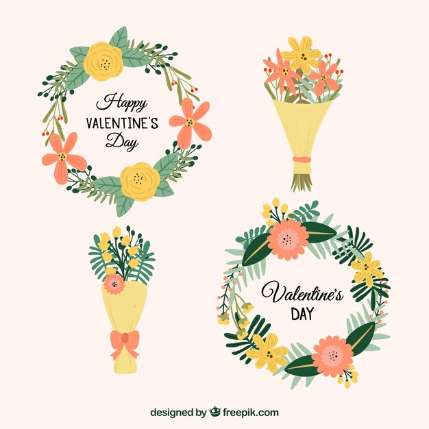 Coronas y ramos de flores de san valentín dibujadas a mano