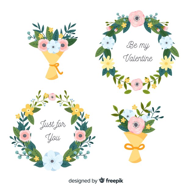 Coronas y ramos de flores de san valentín en diseño plano
