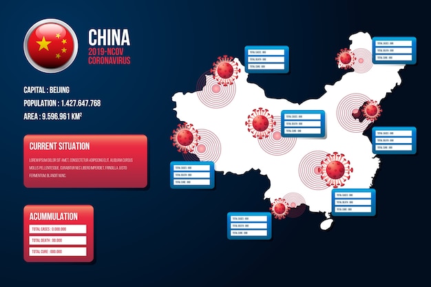 Vector gratuito coronavirus china mapa infográfico