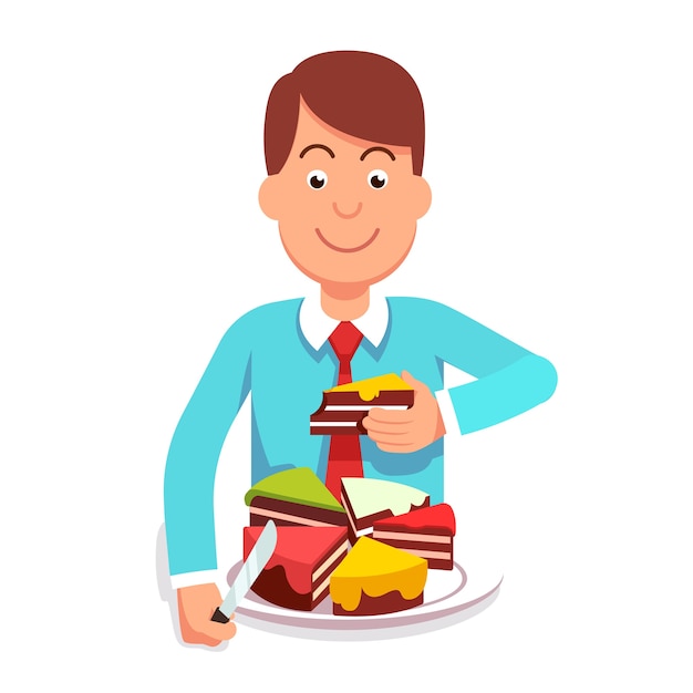 Vector gratuito corporativo, hombre de negocios, comer, mercado, partes, pastel