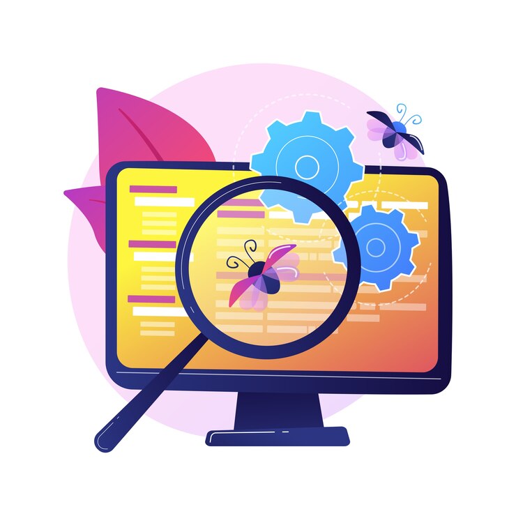 Vector gratuito corrección de errores y pruebas de software. herramienta de búsqueda de virus informáticos. devops, optimización web, aplicación antivirus. elemento de diseño de lupa, rueda dentada y monitor.