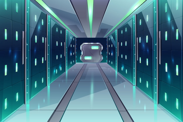 Corredor de dibujos animados vector en una nave espacial, centro de datos con bastidores de servidor