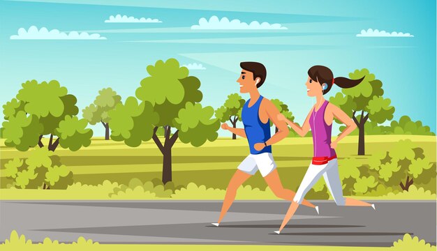 Corredores con auriculares corriendo fuera de corredores masculinos y femeninos escuchando música mientras entrenan personajes aislados Atletas en el parque usando auriculares inalámbricos