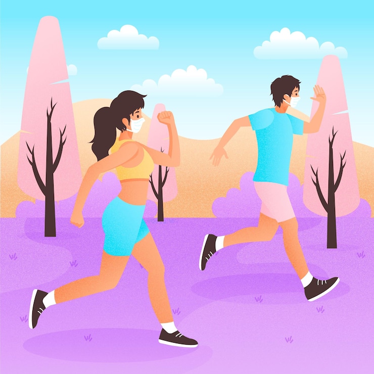 Vector gratuito corredores con máscaras médicas