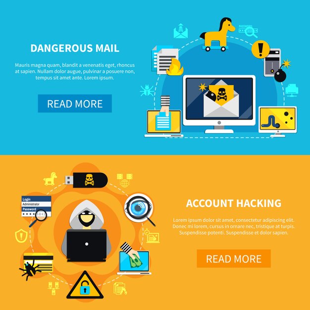 Correo peligroso y hackeo de cuentas Banners planos