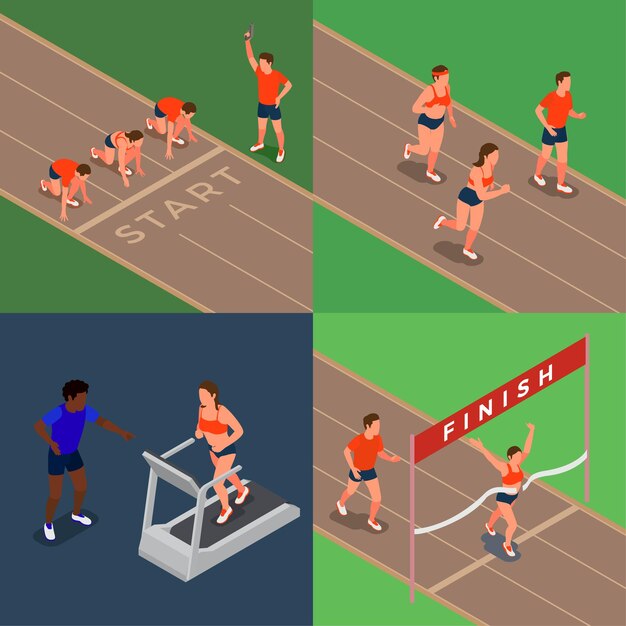 Correr gente concepto de diseño 2x2 con corredores de maratón y mujer trotando en cinta rodante 3d isométrica ilustración vectorial aislada