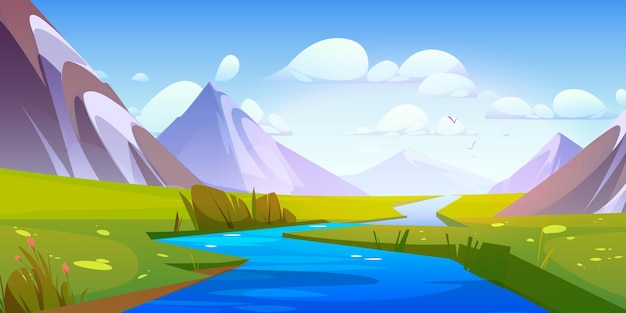 Vector gratuito corriente de agua de río y paisaje de verano de montaña.