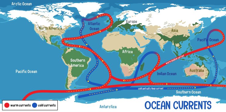 Vector gratuito corrientes oceánicas en el fondo del mapa del mundo