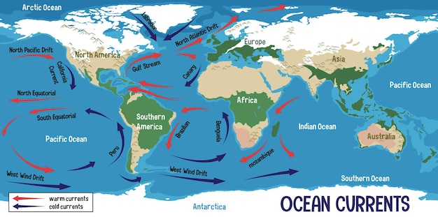 Vector gratuito corrientes oceánicas en el mapa del mundo