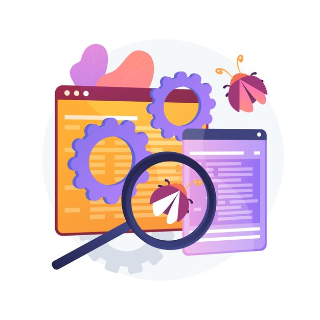 Cortafuegos de depuración. Escaneo antivirus. Reparación de malware. Ataque de virus, búsqueda de troyanos, detección de errores. Proteccion del sistema. Diagnóstico de amenazas. Probador de choques. Ilustración de metáfora de concepto aislado de vector.
