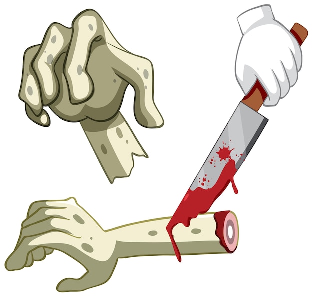 Vector gratuito cortar la mano de zombie con un cuchillo sobre fondo blanco.