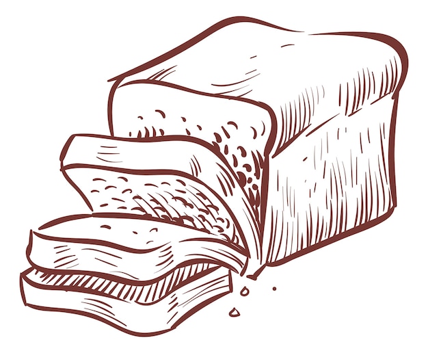 Corte de pan en trozos. bosquejo en estilo de grabado aislado sobre fondo blanco
