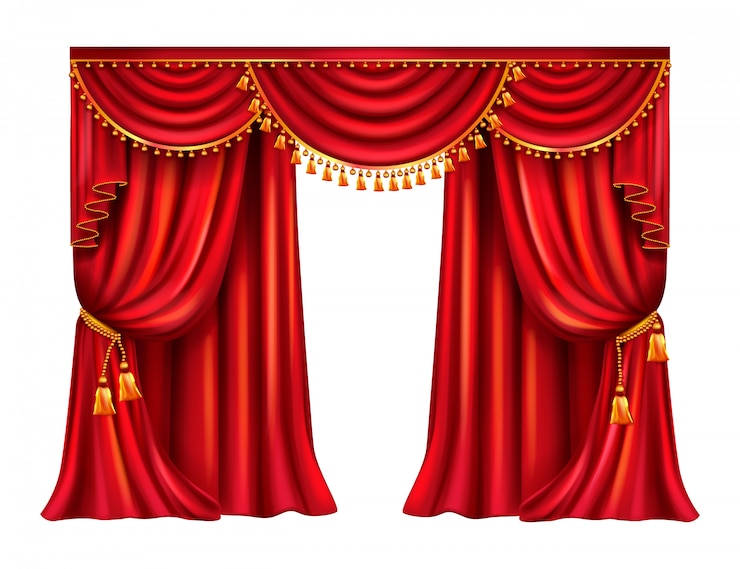 Vector gratuito cortina roja arrugada con borla decorada con borlas doradas.