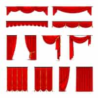 Vector gratuito cortinas y cortinas de terciopelo rojo de seda de lujo decoración de interiores ideas de diseño ico realista